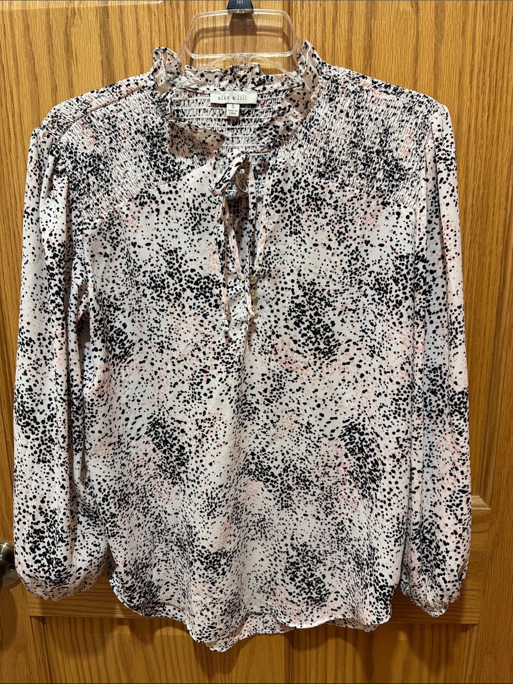 Alex &Lili Pink and Black Printed Smocked Tie-Neck Blouse